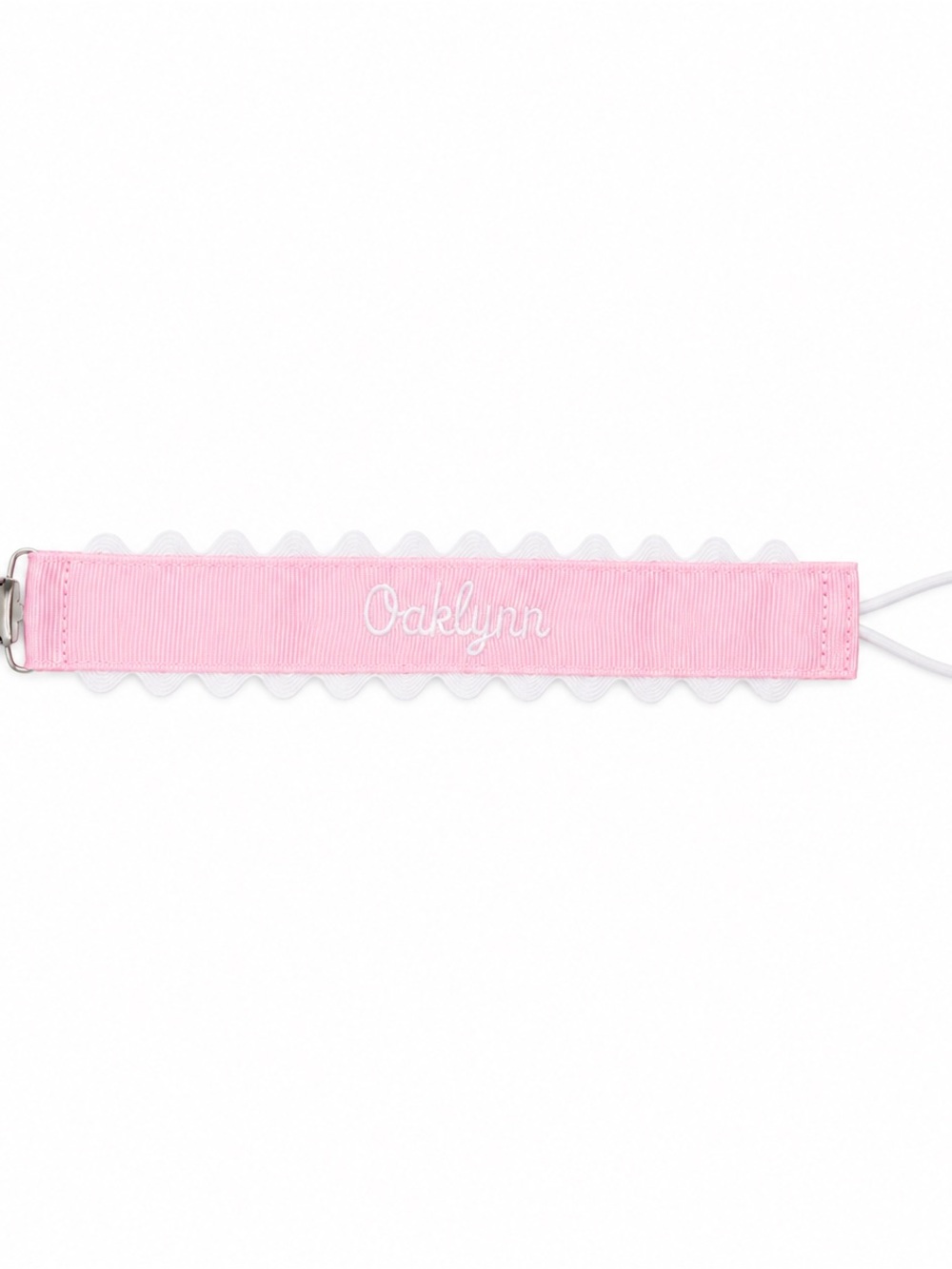 Personalized Pink Pacifier Clip with White Trim - Oaklynn